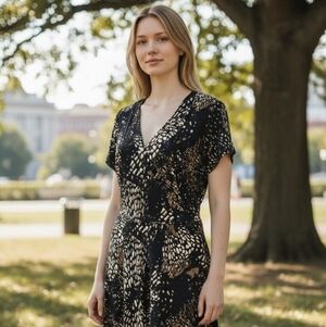 En Femme Style Faux Wrap Dress – Black Abstract Print | Size Large | Made in USA